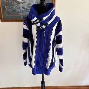 Silversilk Striped Zip Cardigan Womens Medium Blue Buckle Funnel Neck Sweater